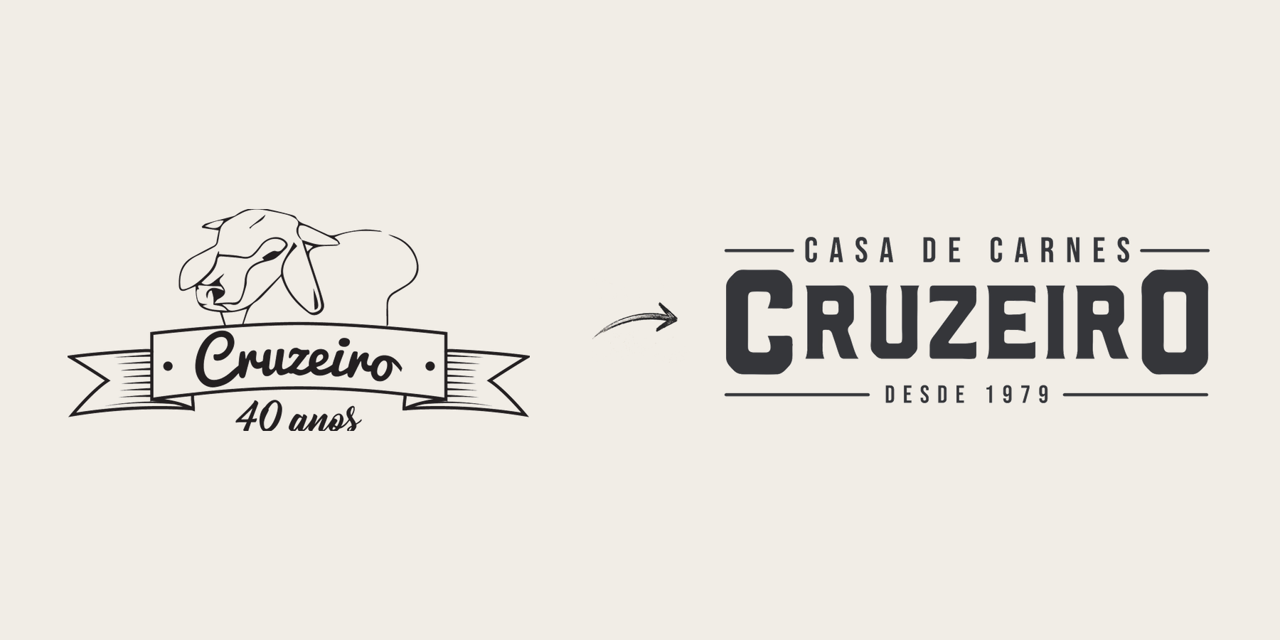 Evolução do logotipo: da marca Cruzeiro 40 anos ao atual Casa de Carnes Cruzeiro — Desde 1979